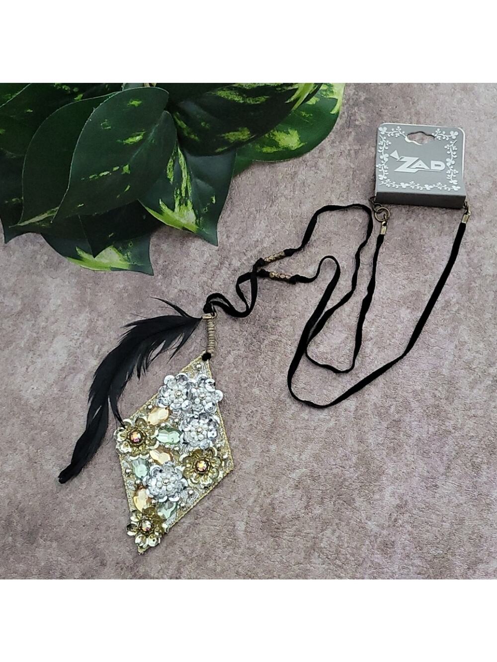 ZAD long Sequin, Beaded Pendant & Feather Necklace NEW